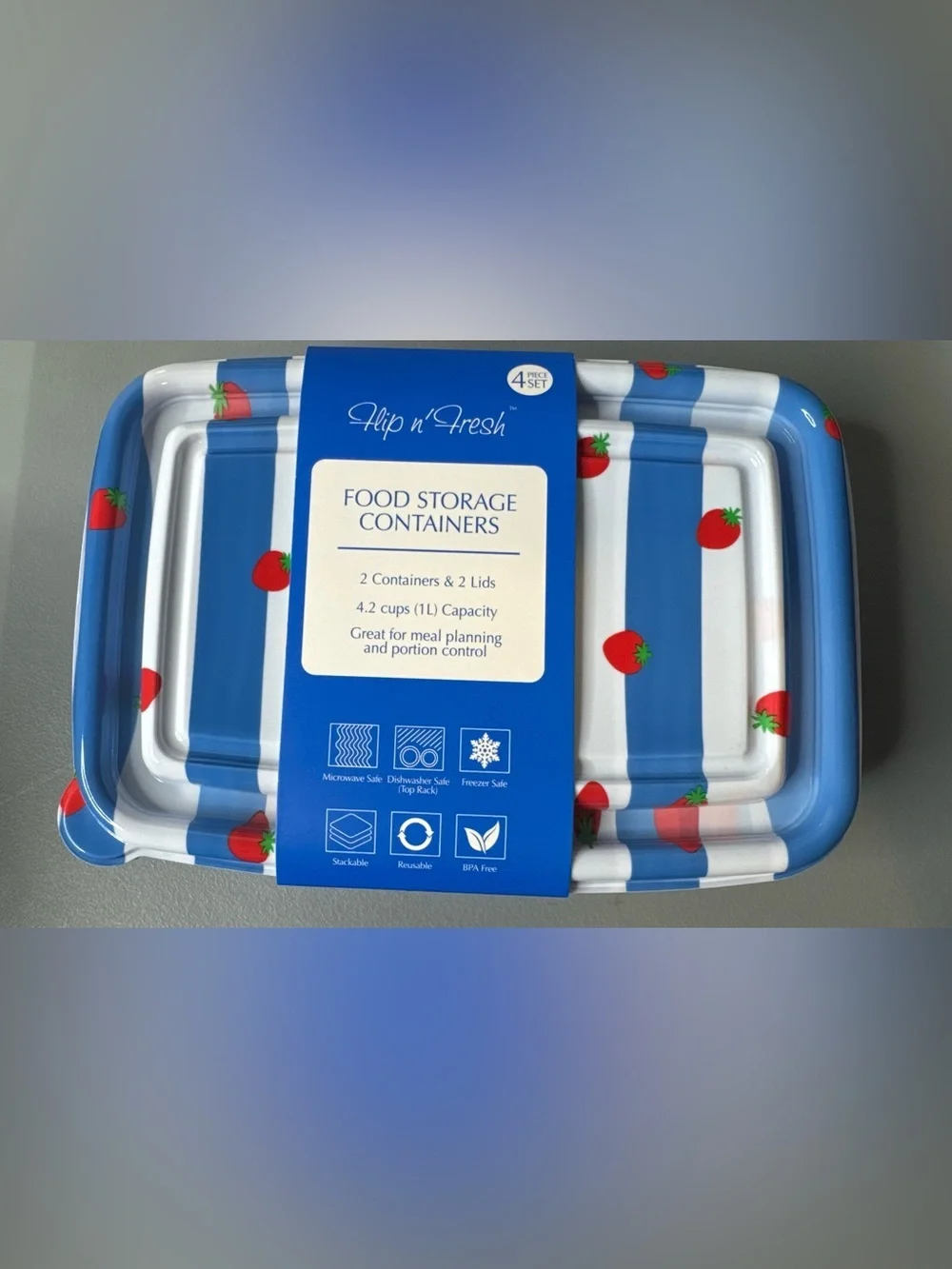 Flip n' Fresh Blue & White stairs and Strawberry Food Storage Containers 4pcs